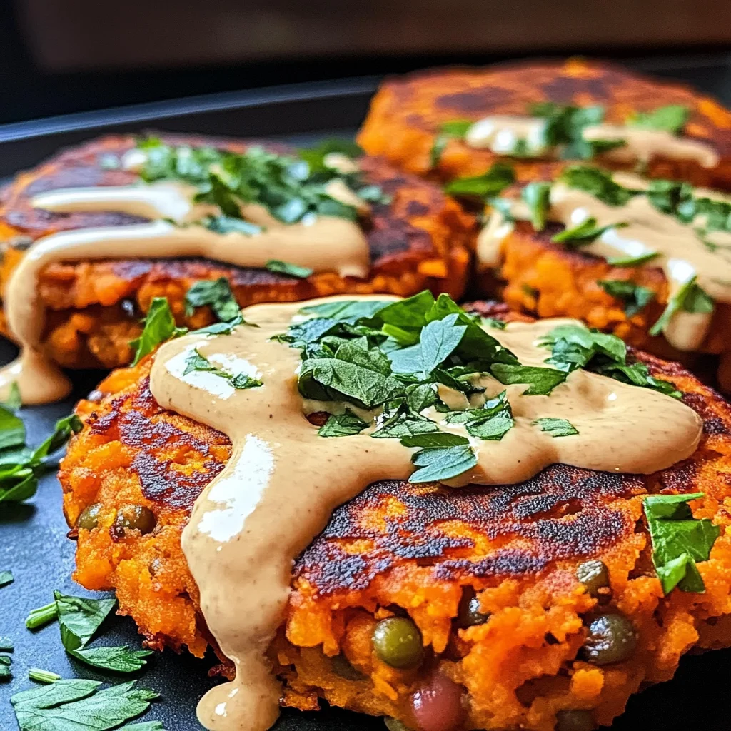 Sweet Potato Patties with Red Lentils and Tangy Tahini Dressing are a healthy delight!